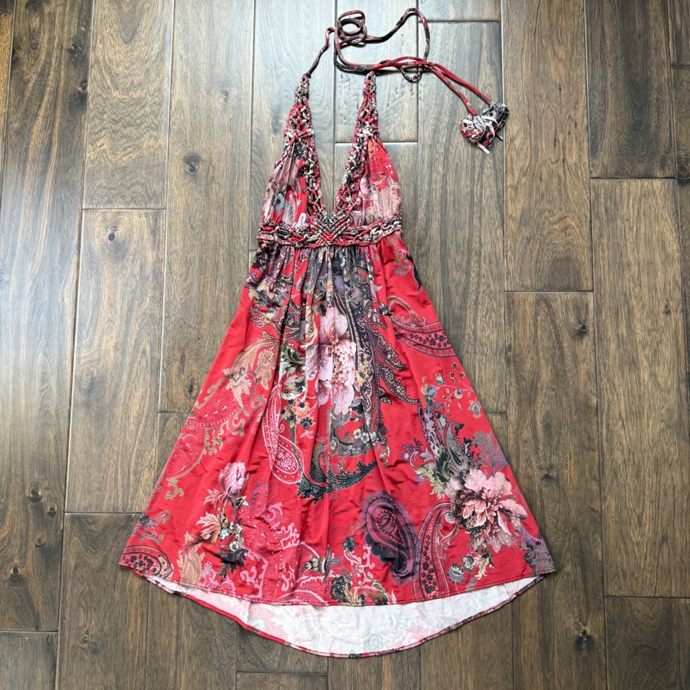 Sky Halter Dress Women XS Red Excellent Paisley Braided Macrame High Low Boho